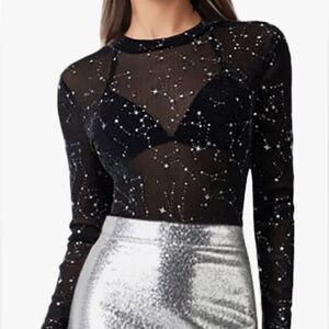 Sheer mesh long sleeve star patterned long sleeve top